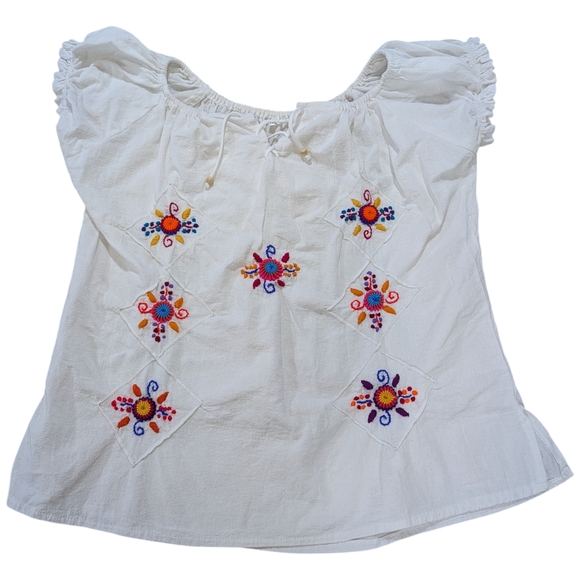 Handmade Tops - Embroidered White Cotton Peasant Blouse Boho Floral Artisanal Women's Top XL